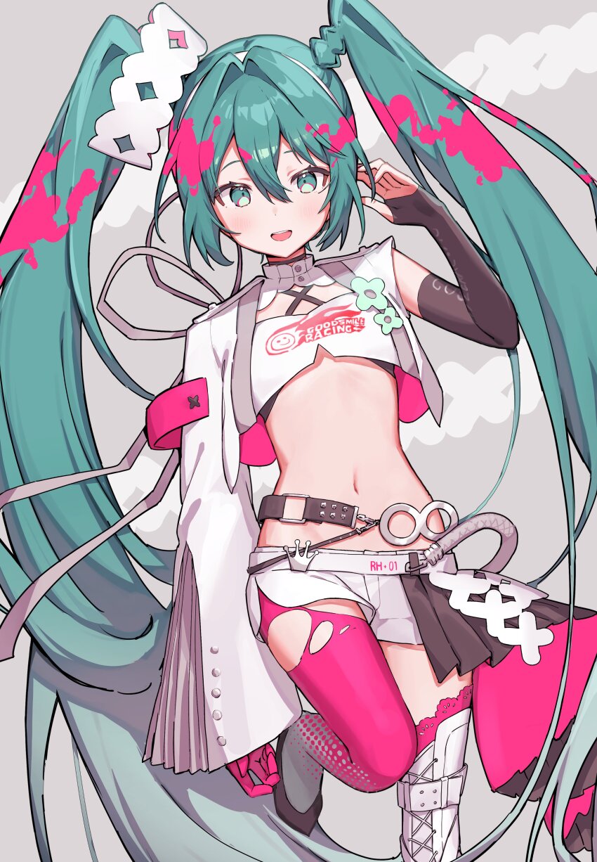 1girl absurdres aqua_eyes aqua_hair armband asymmetrical_clothes asymmetrical_sleeves belt black_sleeves boots detached_sleeves floating_headgear goodsmile_racing gradient_hair gradient_legwear grey_background grey_hair hair_between_eyes hand_up hashtag-only_commentary hatsune_miku headgear highres infinity_symbol lace-up_boots long_hair long_sleeves multicolored_hair multicolored_pantyhose navel open_mouth pantyhose pink_armband pink_pantyhose polka_dot polka_dot_legwear race_queen racing_miku racing_miku_(2025) shiratakiseaice short_shorts short_sleeves shorts single_detached_sleeve single_leg_pantyhose single_thigh_boot solo stomach teeth thigh_boots torn_clothes torn_pantyhose twintails uneven_sleeves upper_teeth_only very_long_hair vocaloid white_boots white_shorts