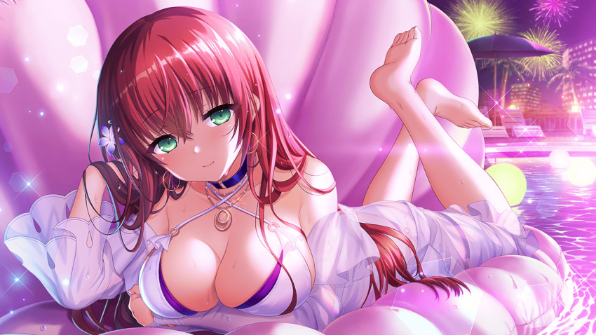 1girl aerial_fireworks akai_asaka ball balloon bare_shoulders barefoot beachball bikini black_choker blush breasts brown_hair choker cleavage closed_mouth collarbone criss-cross_halter deep_one_kyomu_to_mugen_no_fragment dress earrings feet fireworks flower green_eyes halterneck innertube jewelry large_breasts lens_flare long_hair looking_at_viewer lying natsuhiko necklace night night_sky non-web_source o-ring o-ring_bikini off_shoulder on_back on_stomach pink_hair red_hair sky smile soles solo sparkle star_(sky) starry_sky sun swim_ring swimsuit wet white_dress