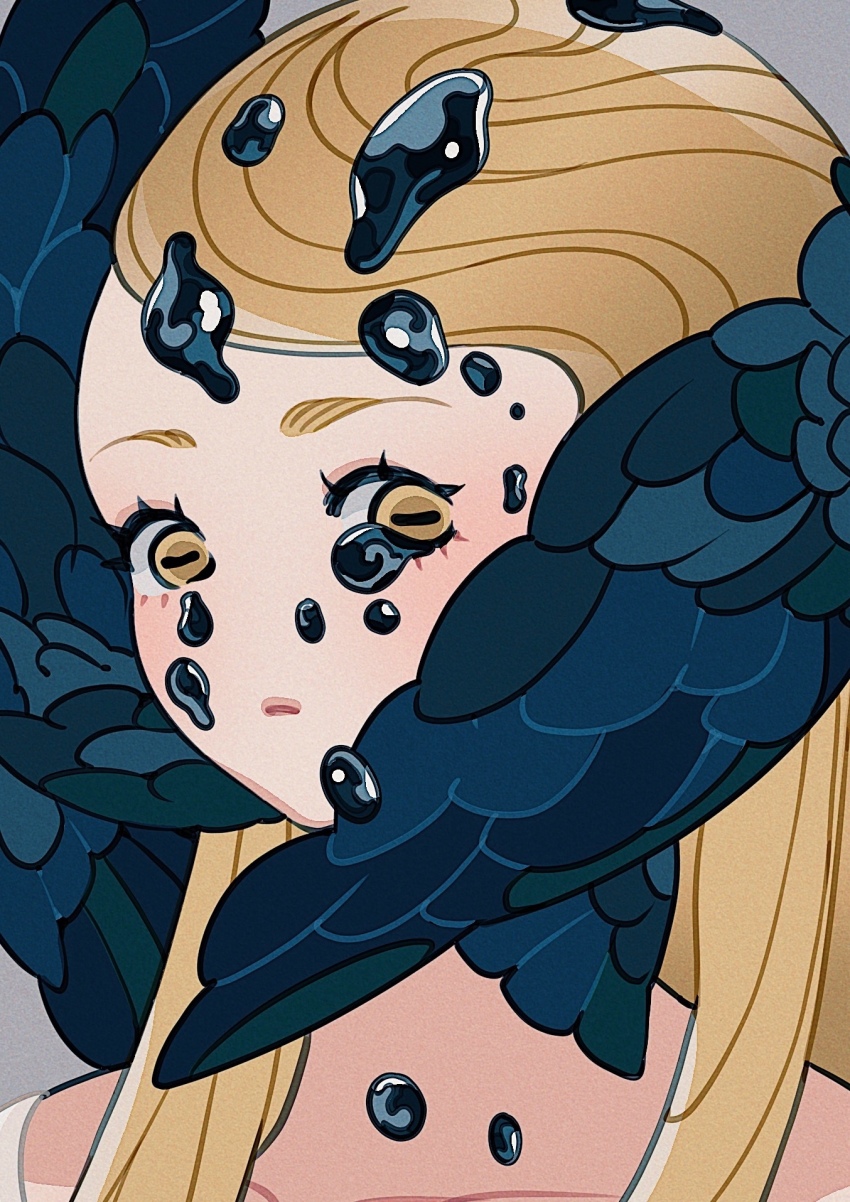 1girl black_feathers black_liquid black_tears black_wings blonde_hair blue_feathers blue_wings brown_eyes commentary cropped english_commentary feathers film_grain floating floating_liquid floating_tears grey_background head_wings highres horizontal_pupils liquid long_hair meyoco open_mouth original portrait shirt short_sleeves simple_background solo white_shirt wings