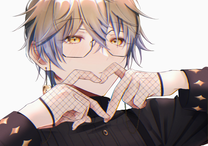 1boy black_gloves black_shirt blue_hair blush brown_hair buttons closed_mouth commentary crossed_bangs earrings expressionless eyelashes eyewear_strap fishnet_gloves fishnets glasses gloves gold_earrings gradient_hair hair_between_eyes hands_up heart heart_hands highres ike_eveland ike_eveland_(1st_costume) jewelry long_sleeves looking_at_viewer male_focus multicolored_hair nijisanji nijisanji_en peridot_(periperi_8) shirt short_hair solo turtleneck upper_body virtual_youtuber white_background yellow_eyes