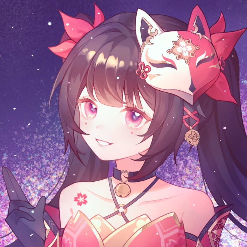 1girl bare_shoulders bell bow brown_hair chinese_commentary circle_facial_mark collarbone commentary_request detached_sleeves dress fox_mask hair_bell hair_bow hair_ornament hand_up highres honkai:_star_rail honkai_(series) long_hair looking_at_viewer mask mask_on_head multiple_hair_bows neck_bell purple_background red_bow red_dress red_eyes red_sleeves ruo_qi shoulder_tattoo smile solo sparkle_(honkai:_star_rail) tattoo twintails