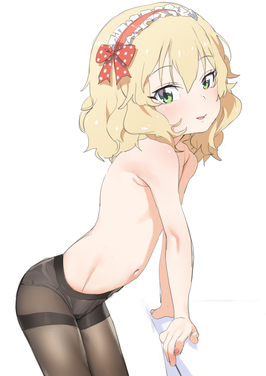 1girl absurdres bad_id bad_pixiv_id bare_arms bare_back bare_pectorals bare_shoulders blonde_hair dorontabi female_focus flat_chest green_eyes hair_ornament highres idolmaster idolmaster_cinderella_girls leaning_forward leaning_on_object leaning_on_table legs_together loli looking_at_viewer looking_to_the_side navel no_pants open_mouth panties panties_under_pantyhose pantyhose pectorals sakurai_momoka see-through_clothes short_hair solo topless_female underwear