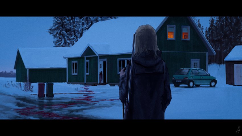 1girl absurdres black_coat blood blood_splatter brown_hair building car coat commentary door from_behind gun highres house letterboxed license_plate motor_vehicle original outdoors rudeko32 scenery snow solo symbol-only_commentary trash_can tree vehicle_request watermark weapon weapon_on_back weapon_request window winter