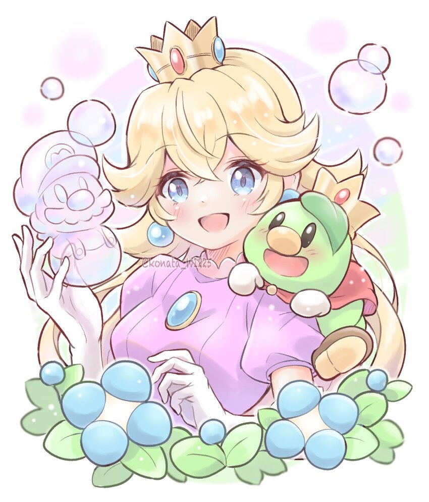 1girl 1other animal animal_on_shoulder artist_name blonde_hair blue_eyes blue_flower blush boots brooch brown_footwear bubble bubble_peach caterpillar crown dress earrings elbow_gloves flower gloves highres jewelry konata_w1225 leaf looking_at_viewer mario_(series) nintendo official_alternate_costume open_mouth portrait prince_florian princess_peach purple_dress short_sleeves sphere_earrings super_mario_bros._wonder watermark white_gloves