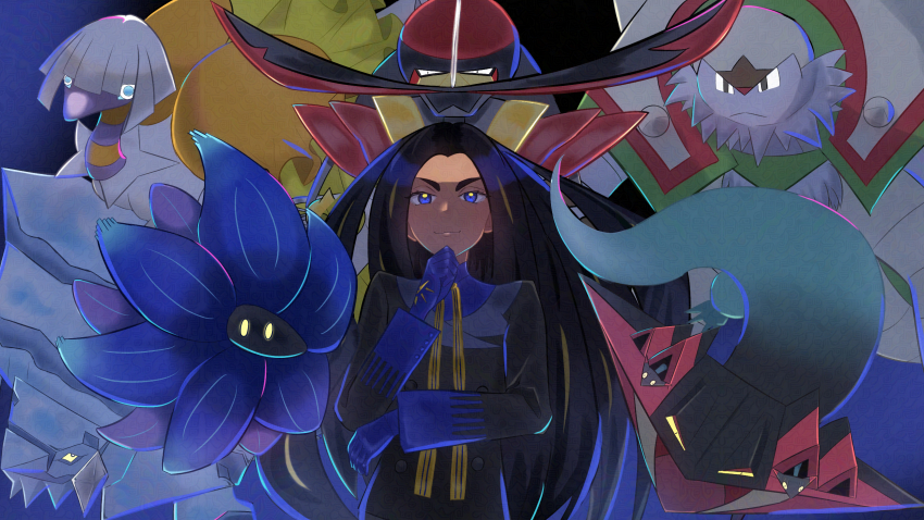 1girl avalugg black_hair black_jacket blue_eyes blue_gloves blue_shirt buttons chesnaught closed_mouth commentary_request dragapult espathra eyelashes geeta_(pokemon) gen_6_pokemon gen_8_pokemon glimmora gloves highres jacket kingambit long_hair long_sleeves multicolored_hair neck_ribbon nintendo pokemon pokemon_(creature) pokemon_sv ribbon shirt smile streaked_hair yellow_ribbon zoba_tcm