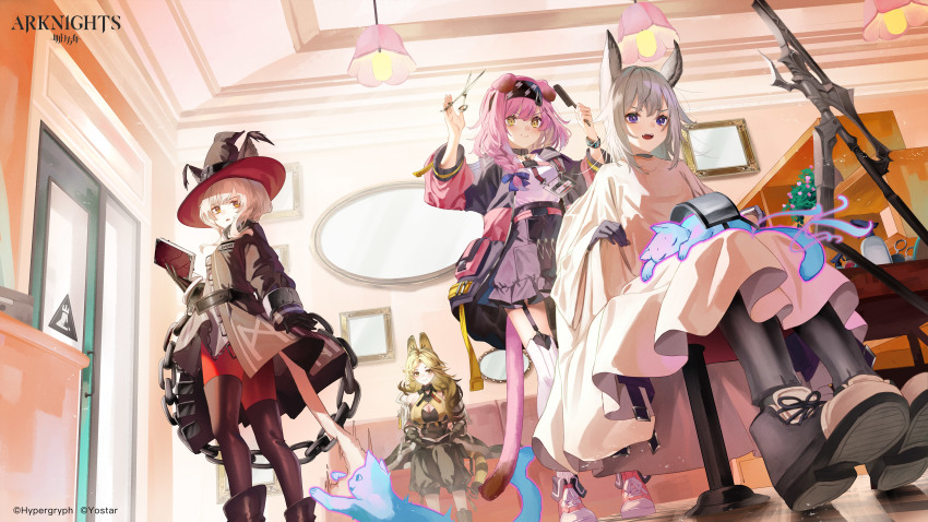 4girls absurdres animal_ears arknights black_dress black_headwear black_jacket black_thighhighs blonde_hair book cat_ears cat_tail commentary_request cutting_another&#039;s_hair cutting_hair dress garter_straps goldenglow_(arknights) grani_(arknights) grey_eyes grey_hair hat haze_(arknights) highres holding holding_book holding_scissors horse_ears indoors jacket long_sleeves multiple_girls object_in_pocket pink_hair pocket quercus_(arknights) red_shorts saraki scissors shorts sitting standing tail thighhighs white_thighhighs witch_hat yellow_eyes