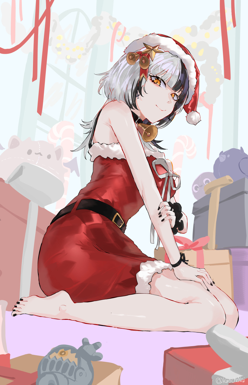 1girl absurdres barefoot bell black_hair black_nails christmas_present dress feet fur-trimmed_dress fur_trim gift hair_bell hair_ornament hat highres hololive hololive_english indoors kurochanai looking_at_viewer multicolored_hair neck_bell red_dress red_hat red_ribbon ribbon santa_costume santa_dress santa_hat seiza shiori_novella sitting solo split-color_hair star_(symbol) star_hair_ornament stuffed_toy two-tone_hair virtual_youtuber white_hair wristband yellow_eyes