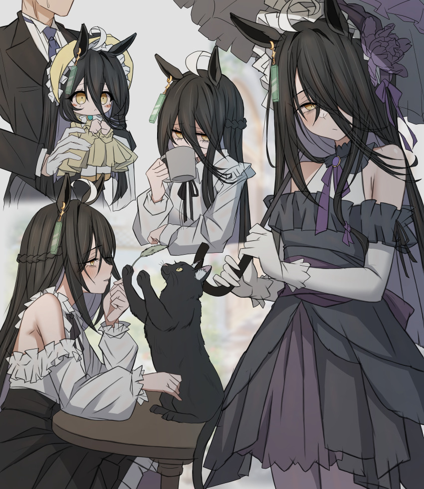 1boy 1girl absurdres ahoge alternate_costume animal_ears black_cat black_dress black_hair black_skirt bonnet cat commentary_request cup dress ear_tag gloves hair_between_eyes hair_over_one_eye highres holding holding_cup holding_umbrella horse_ears horse_girl leogust long_hair long_hair_between_eyes manhattan_cafe_(umamusume) mug multicolored_hair shirt skirt table two-tone_hair umamusume umbrella white_gloves white_hair white_shirt yellow_eyes