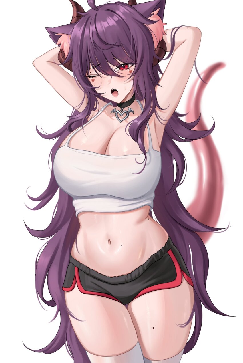 ;o animal_ear_fluff animal_ears armpits arms_up bare_arms bare_shoulders black_choker black_shorts blush breasts choker cleavage commentary cotton_noir cotton_noir_(vtuber) cowboy_shot english_commentary highres horns indie_virtual_youtuber large_breasts midriff mole mole_on_stomach mole_on_thigh navel one_eye_closed open_mouth pink_tail purple_hair red_eyes red_horns short_shorts shorts simple_background solo stomach thighhighs thighs virtual_youtuber white_background white_thighhighs