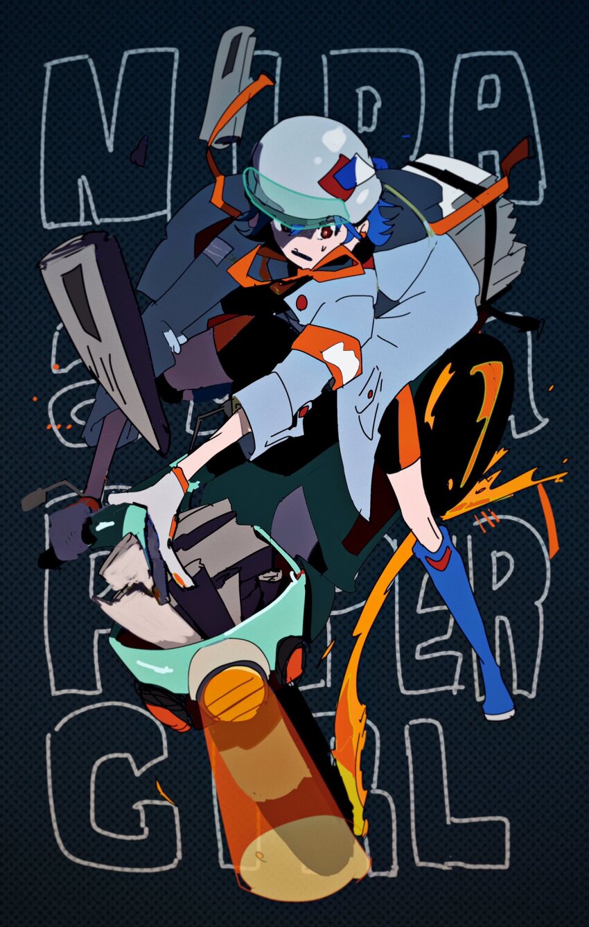 aqua_coat aqua_outline aqua_sleeve_cuffs aqua_sleeves armband black_background black_bodysuit black_outline blue_footwear blue_hair bodysuit boots buttoned_cuffs buttons character_name checkered_background coat commentary_request english_text glove_cuffs gloves headlight_beam helmet highres jpeg_artifacts jyagaricoeater knee_boots long_sleeves looking_at_object motor_vehicle motorcycle neko_reset_(zutomayo) newspaper_stack nira-chan nira-chan_(newspaper_delivery_girl)_(neko_reset)_(zutomayo) orange_armband outline pocket red_eyes rolled_up_newspaper short_hair sleeve_cuffs three-quarter_sleeves sparks unfinished wheel white_gloves white_helmet zutto_mayonaka_de_ii_no_ni