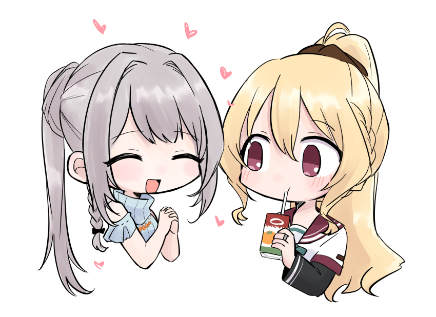 2girls ^_^ aqua_bow aqua_bowtie bare_shoulders black_bow black_scrunchie black_sleeves blonde_hair blue_sweater blush bow bowtie box braid chibi closed_eyes clothing_cutout commentary_request cropped_torso drinking drinking_straw flower flower_necklace food frilled_sleeves frills fruit grey_hair hair_between_eyes hair_bow hair_bun hair_intakes hair_ornament hair_scrunchie happy heart high_ponytail highres holding holding_box interlocked_fingers jewelry juice_box kamihama_university_affiliated_school_uniform layered_sleeves light_blush long_hair long_sleeves looking_at_another magia_record:_mahou_shoujo_madoka_magica_gaiden mahou_shoujo_madoka_magica multiple_girls nape_braid necklace open_mouth orange_(fruit) own_hands_clasped own_hands_together ponytail red_sailor_collar ring sailor_collar school_uniform scrunchie shirt short_over_long_sleeves short_sleeves shoulder_cutout side_braid simple_background single_braid single_hair_bun smile sweater togame_momoko turtleneck turtleneck_sweater ultimate_magnum very_long_hair white_background white_shirt yakumo_mitama yuri