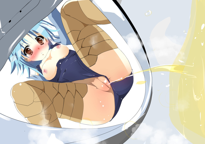 absurdres blue_hair blue_one-piece_swimsuit blush breasts brown_eyes clothing_aside embarrassed female_pervert harpy highres medium_breasts monster_girl monster_musume_no_iru_nichijou nipples one-piece_swimsuit papi_(monster_musume) pee peeing peeing_self pervert pussy school_swimsuit spread_legs squatting steam swimsuit swimsuit_aside uncensored watterywinter