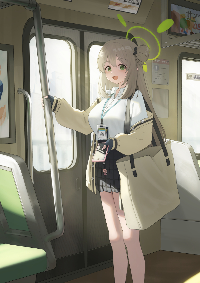 1girl absurdres bag black_bow black_bowtie black_gloves black_skirt blonde_hair blue_archive bow bowtie breasts brown_bag brown_jacket fingerless_gloves gloves green_eyes hair_between_eyes hair_bow hair_bun handbag hape highres holding holding_phone id_card jacket jacket_partially_removed large_breasts long_hair looking_at_viewer nonomi_(blue_archive) open_mouth phone plaid_clothes plaid_skirt shirt skirt train white_shirt
