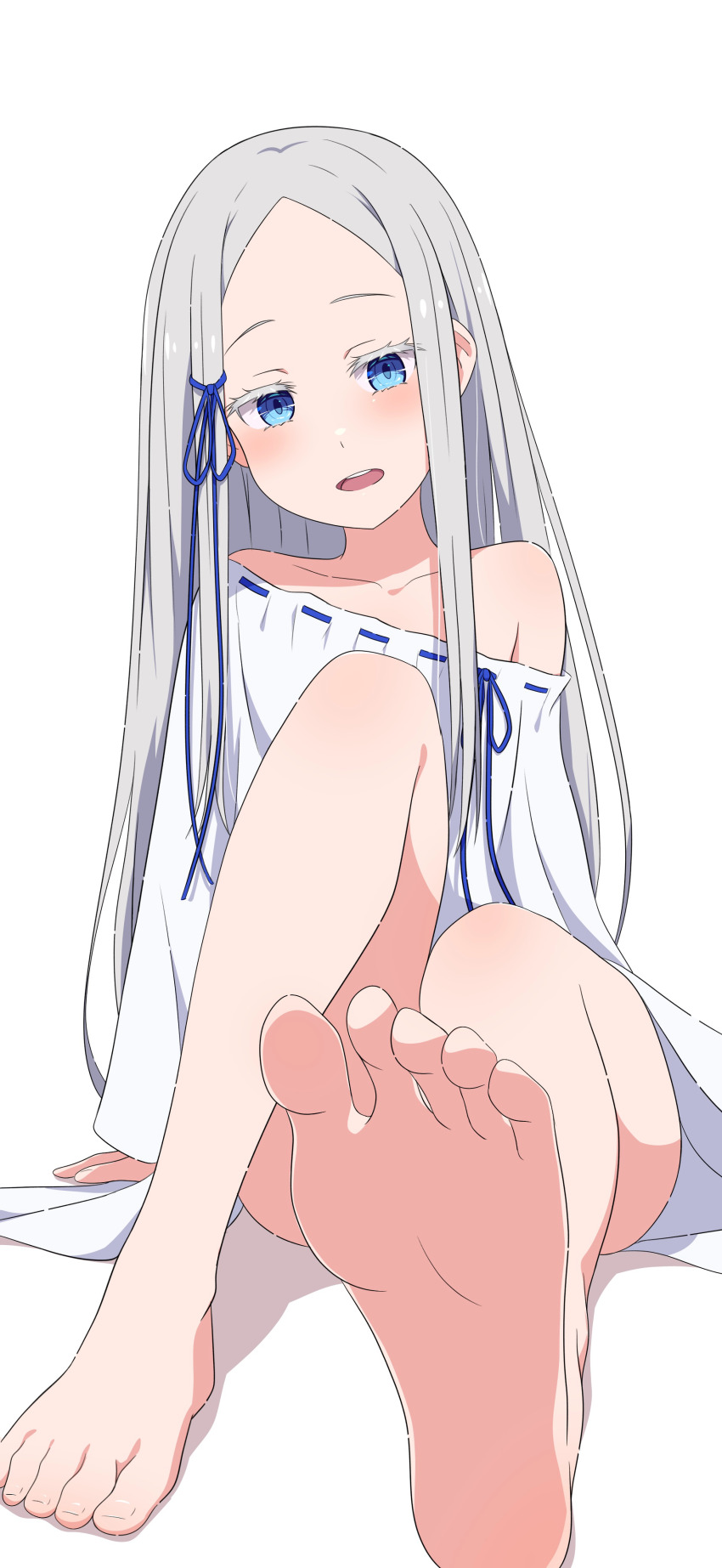 1girl absurdres anime_coloring bare_shoulders barefoot blue_eyes blue_ribbon colored_eyelashes commentary_request dress feet foot_focus forehead grey_hair hair_ribbon highres knee_up long_hair looking_at_viewer na-suke off_shoulder open_mouth pandora_(re:zero) re:zero_kara_hajimeru_isekai_seikatsu ribbon sidelocks simple_background sitting soles solo teeth toes upper_teeth_only white_background white_dress