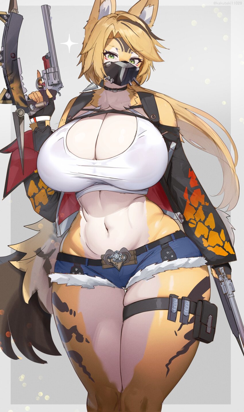 1girl abs absurdres animal_ear_fluff animal_ears bare_shoulders black_choker black_mask blonde_hair blue_shorts body_fur breasts brown_hair cat_ears cat_girl cat_tail choker cleavage criss-cross_halter curvy dual_wielding fur-trimmed_shorts fur_trim furry furry_female gloves green_eyes gun halterneck handgun highres holding holding_gun holding_weapon huge_breasts jacket kyuuri kyuuri24 long_hair looking_at_viewer mask micro_shorts mouth_mask multicolored_fur multicolored_hair navel open_clothes open_jacket pulchra_fellini revolver shorts stomach streaked_hair tail tank_top thick_thighs thigh_strap thighs very_long_hair weapon white_tank_top wide_hips yellow_fur zenless_zone_zero