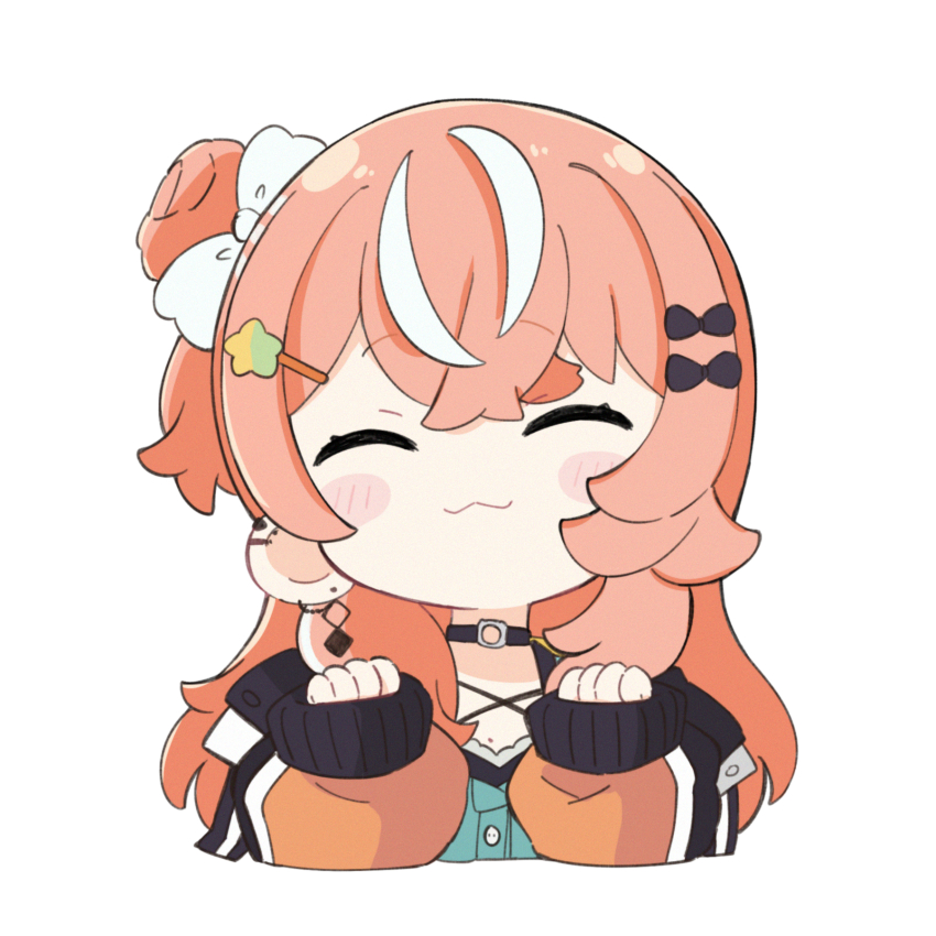 1girl :3 ^_^ black_bow blue_dress blush_stickers bow brown_hair chibi closed_eyes closed_mouth commentary cropped_torso dress ear_piercing earrings facing_viewer hair_bow hair_bun hair_ornament hairclip hands_up highres igarashi_rika igarashi_rika_(1st_costume) jacket jewelry long_hair long_sleeves multicolored_hair nijisanji nozo_(hitomiz) one_side_up orange_jacket piercing puffy_long_sleeves puffy_sleeves simple_background single_side_bun sleeves_past_wrists solo star_(symbol) star_hair_ornament streaked_hair upper_body virtual_youtuber white_background white_hair