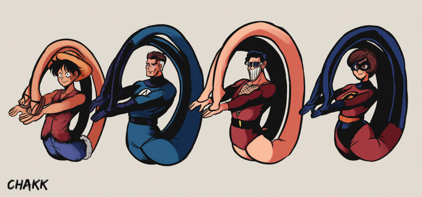 1girl 3boys black_gloves blue_bodysuit blue_shorts bodysuit brown_hair chakkrx crossover dc_comics disney elastigirl eye_mask fantastic_four gloves goggles hat highres marvel matching_pose monkey_d._luffy multicolored_hair multiple_boys one_piece pixar plastic_man red_bodysuit red_vest reed_richards short_hair shorts simple_background smile straw_hat stretching superhero_costume teeth the_incredibles two-tone_hair vest