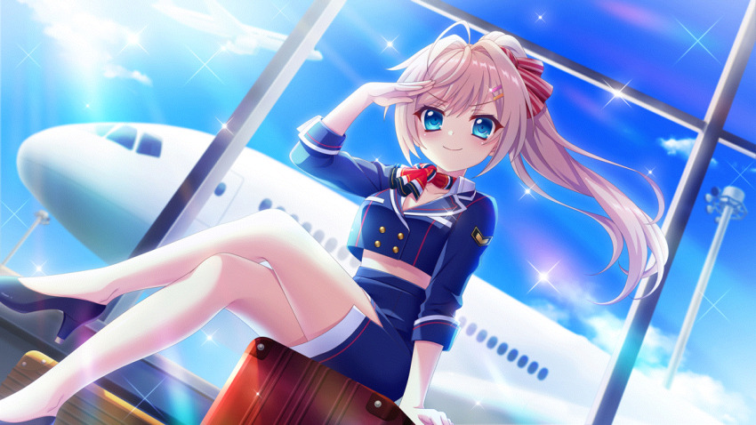 &gt;:) 1girl ahoge aircraft airplane airport arm_support bare_legs black_footwear blue_eyes blue_skirt blue_sky bow breasts buttons closed_mouth cloud collarbone crop_top crop_top_overhang crossed_legs day dot_nose double-breasted dutch_angle film_grain flight_attendant game_cg hair_bow hair_intakes hair_ornament hairclip high_heels high_ponytail himura_nagisa indoors izumi_tsubasu jet_airliner large_bow long_hair medium_breasts midriff non-web_source official_art on_suitcase pencil_skirt pink_hair ponytail pumps re:stage! red_bow red_scarf salute scarf side_slit sitting skirt sky smile sparkle striped_bow suitcase swept_bangs travel_attendant v-shaped_eyebrows