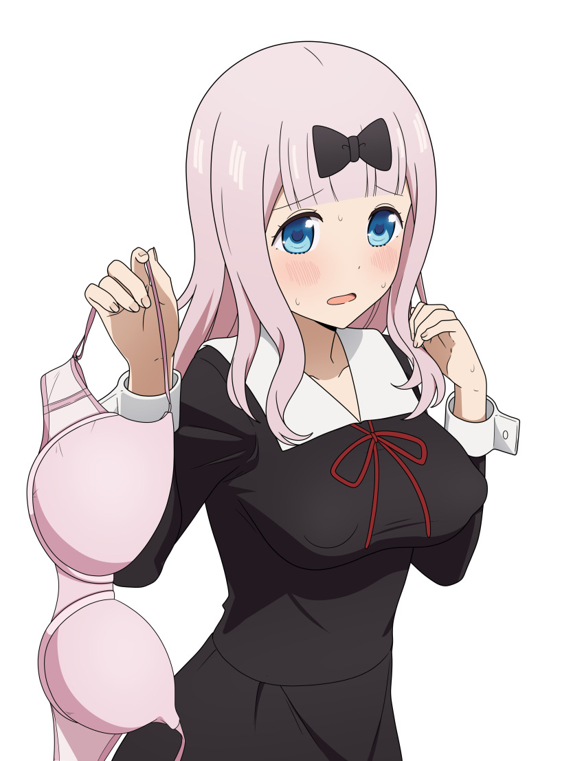 1girl absurdres black_bow black_dress blue_eyes blunt_bangs bow bra breasts collarbone coro_fae covered_erect_nipples dot_nose dress fingernails fujiwara_chika hair_bow hair_over_shoulder highres holding holding_bra holding_underwear holding_unworn_clothes kaguya-sama_wa_kokurasetai_~tensai-tachi_no_renai_zunousen~ large_breasts long_hair neck_ribbon no_bra open_mouth pink_bra pink_hair presenting_bra raised_inner_eyebrows red_ribbon ribbon school_uniform shuuchiin_academy_school_uniform simple_background solo sweat underwear white_background