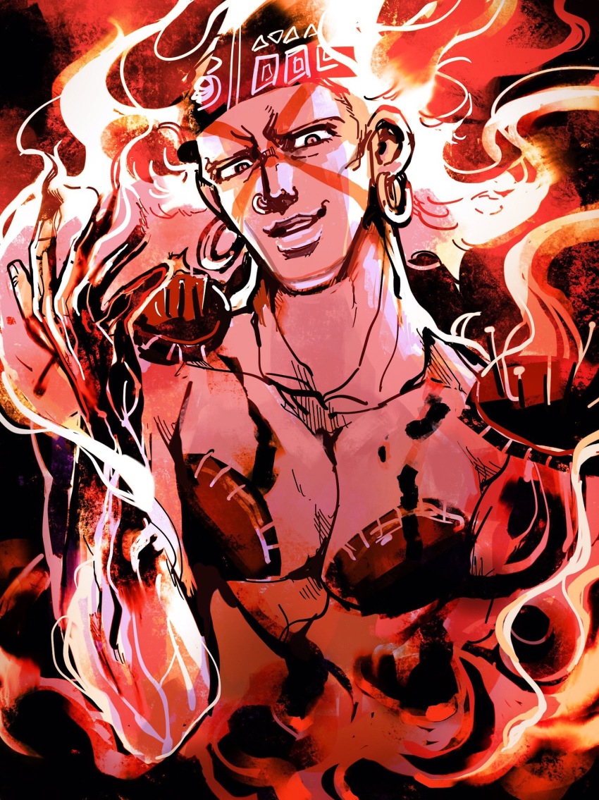 1boy bad_id bad_pixiv_id battle_tendency chocoblood earrings esidisi fire hat highres hoop_earrings jewelry jojo_no_kimyou_na_bouken male_focus muscular nose_piercing nose_ring piercing pincushion shoulder_pads solo stitches suspenders white_hair