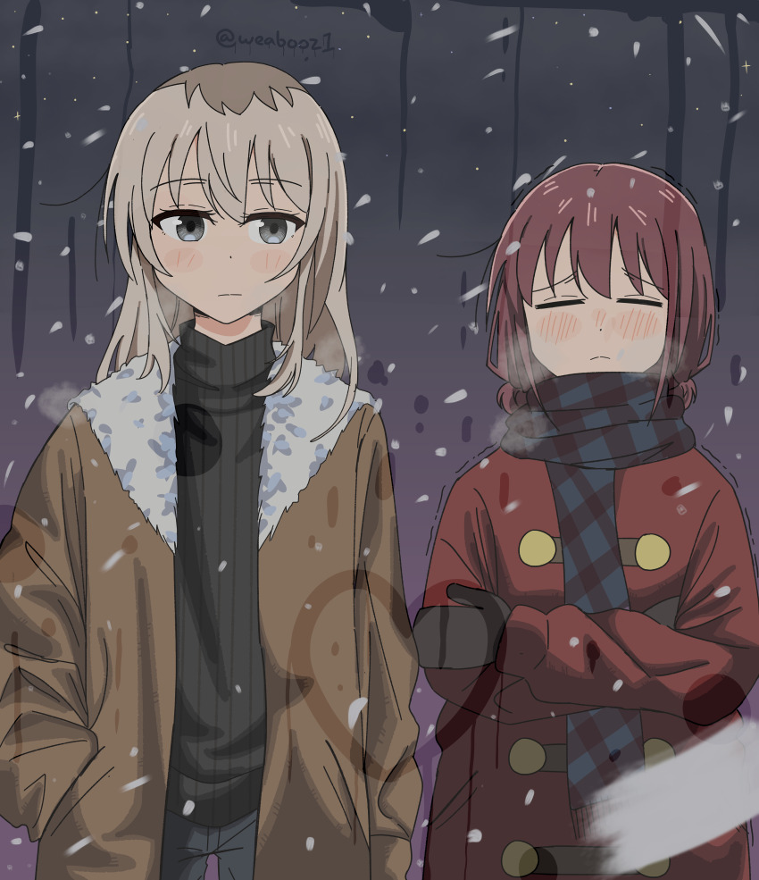 2girls absurdres black_mittens blue_scarf blush brown_coat brown_hair closed_eyes closed_mouth coat commentary girls_band_cry grey_eyes grey_hair hand_in_pocket highres iseri_nina kawaragi_momoka long_hair long_sleeves low_twintails mittens multicolored_hair multiple_girls plaid_clothes plaid_scarf red_coat roots_(hair) scarf short_hair short_twintails snow twintails twitter_username weabooz winter_clothes