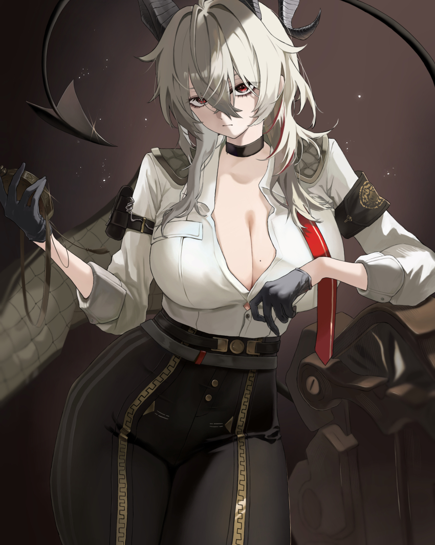 1girl absurdres arm_pouch armband bags_under_eyes black_armband black_choker black_horns black_jacket black_pants black_pouch black_tail breasts choker closed_mouth collared_shirt commentary_request cowboy_shot curled_horns demon_tail grey_hair hair_between_eyes high-waist_pants highres holding holding_pocket_watch horns jacket jacket_on_shoulders large_breasts long_hair looking_at_viewer lune_(illust_lune) mole mole_on_breast multicolored_hair necktie pants pocket_watch red_eyes red_necktie shield shirt shirt_tucked_in solo streaked_hair tail tight_clothes tight_pants undone_necktie watch white_shirt wuthering_waves zani_(wuthering_waves)