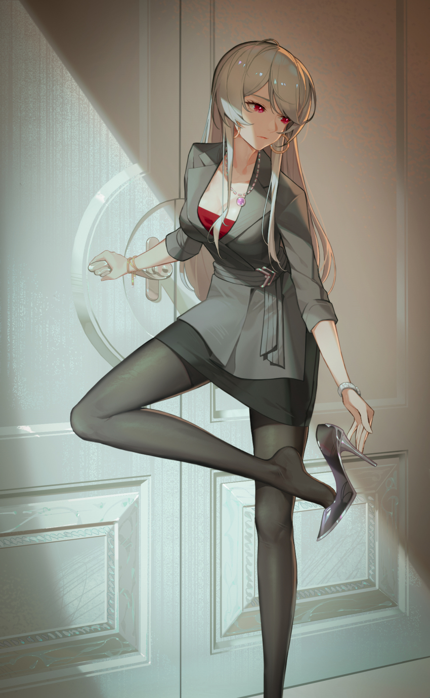 1girl absurdres black_pantyhose black_shoes black_skirt bracelet breasts cleavage closed_mouth crazy_ones crossed_legs door_handle earrings foot_out_of_frame formal_clothes grey_hair grey_jacket hand_on_handle high_heels highres hoop_earrings indoors jacket jewelry large_breasts leg_up long_hair looking_to_the_side miniskirt necklace office_lady official_art pantyhose pencil_skirt pumps red_eyes red_shirt removing_shoes shade shirt shoes skirt solo standing standing_on_one_leg stiletto_heels suit three-quarter_sleeves watch wristwatch xia_bing_(crazy_ones)