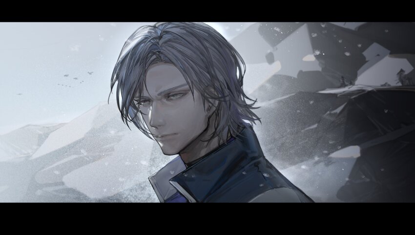 1boy armored_core armored_core_vi:_fires_of_rubicon blue_jacket closed_mouth grey_background grey_eyes grey_hair highres jacket letterboxed male_focus outdoors portrait riio short_hair snow solo v.iv_rusty