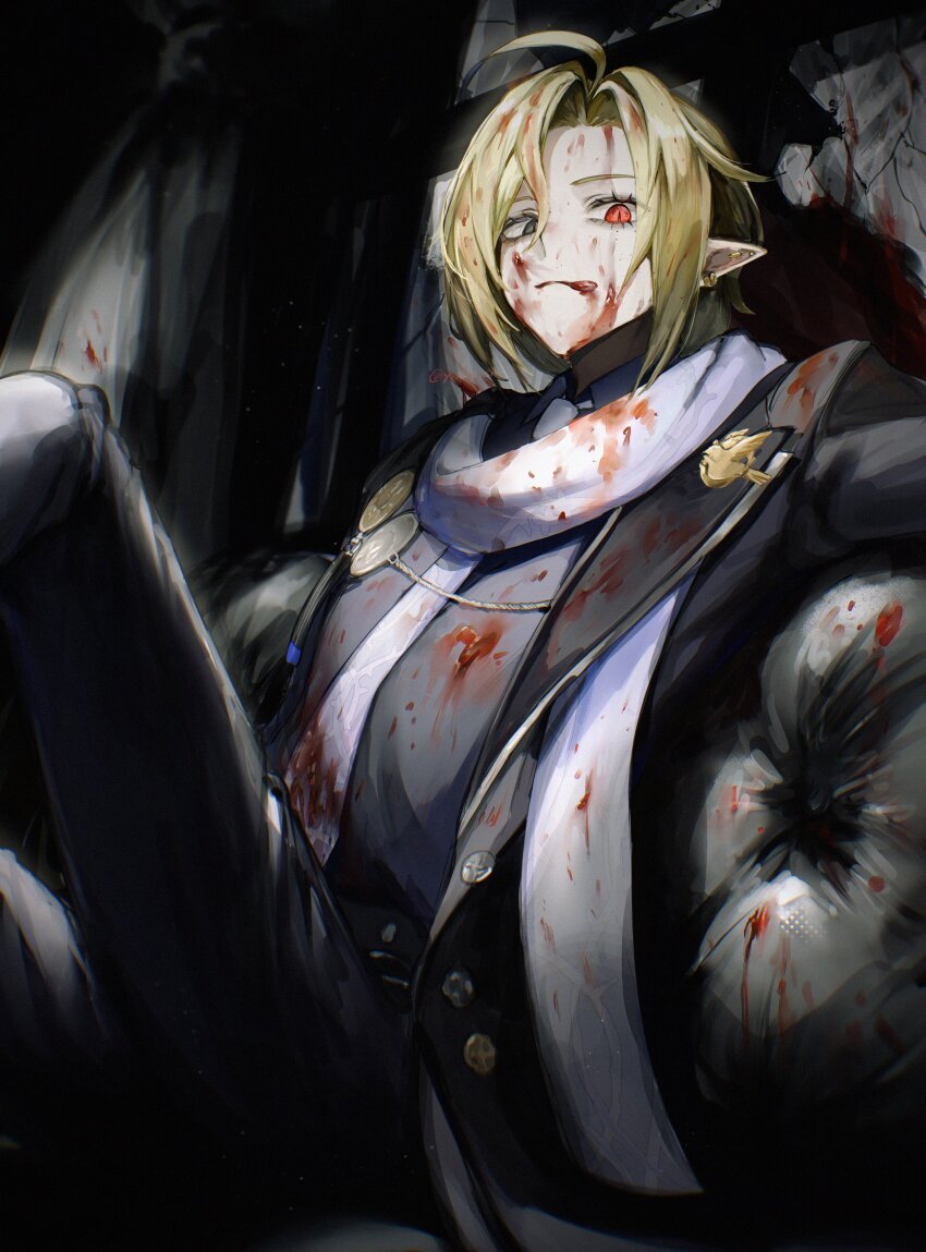 1boy :q absurdres black_jacket black_pants blonde_hair blood blood_on_clothes blood_on_face blue_eyes broken_window commentary couch ear_piercing eyelashes hair_between_eyes heterochromia highres hugo_vlad jacket looking_at_viewer male_focus necktie pants piercing pointy_ears red_eyes scarf shiraki_(y_aira_srk) sitting solo tongue tongue_out zenless_zone_zero