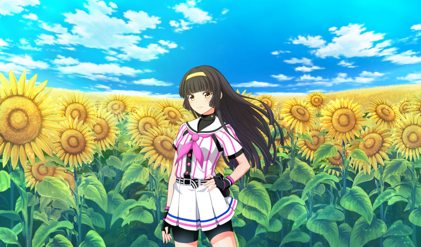1girl arm_at_side baseball_uniform belt belt_buckle belt_pouch bike_shorts_under_skirt black_belt black_gloves black_hair black_pouch black_shorts black_undershirt blue_sky blunt_bangs buckle cinderella_series cloud field fingerless_gloves flower flower_field game_cg gloves hachigatsu_no_cinderella_nine hairband hand_on_own_hip highres long_hair looking_at_viewer neckerchief non-web_source official_art outdoors pink_neckerchief pleated_skirt pouch satogahama_baseball_uniform shirt shirt_under_shirt short_sleeves shorts skirt sky solo sportswear standing striped_belt striped_clothes striped_shirt sunflower sunflower_field tsukishima_yui_(hachigatsu_no_cinderella_nine) v-shaped_eyebrows vertical-striped_clothes vertical-striped_shirt wristband yellow_eyes yellow_hairband