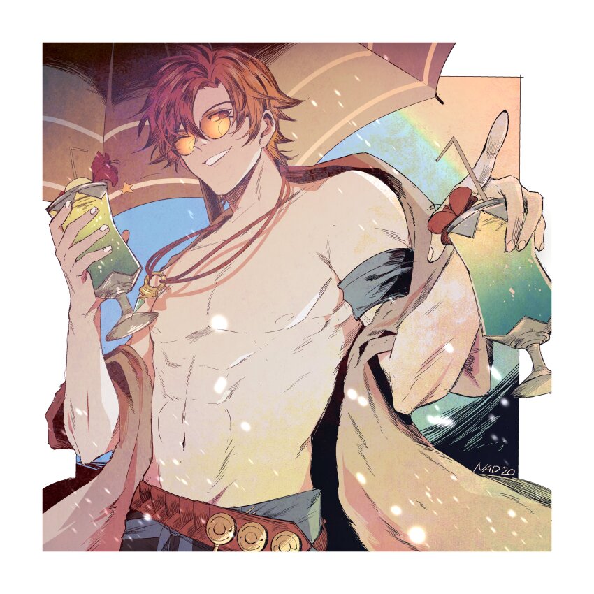 1boy abs absurdres belt cropped_legs cup curtained_hair drink drinking_straw fire_emblem fire_emblem:_three_houses fire_emblem_heroes flower glass grin highres holding holding_cup jewelry looking_to_the_side male_focus nadnf navel necklace nintendo official_alternate_costume one_eye_closed orange-tinted_eyewear pectorals red_flower rimless_eyewear sideways_glance signature smile solo summer sylvain_jose_gautier sylvain_jose_gautier_(summer) teeth tinted_eyewear topless_male tropical_drink umbrella