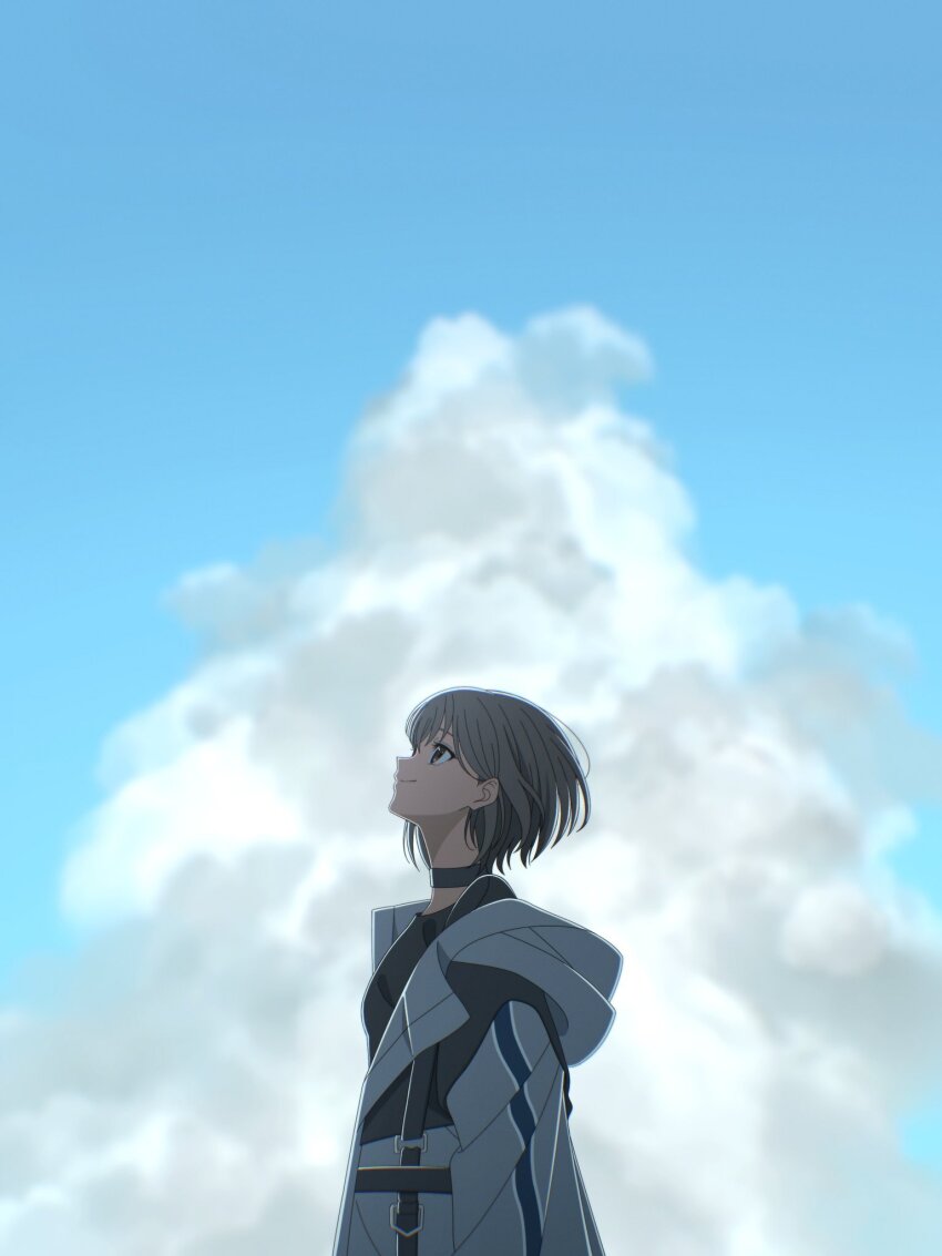 1girl bang_dream! bang_dream!_it&#039;s_mygo!!!!! black_choker black_shirt brown_eyes choker closed_mouth cloud commentary cumulonimbus_cloud grey_hair highres jacket looking_up off_shoulder open_clothes open_jacket shirt short_hair solo takamatsu_tomori upper_body white_jacket yasou0049