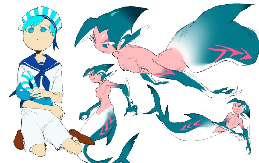 2boys aqua_eyes aqua_hair aqua_skin aqua_tail arm_fins blue_eyes blue_hair blue_hat blue_sailor_collar blue_skin brown_footwear closed_mouth collarbone colored_skin conch_shell cookie_run fangs fin fingernails fins fish_tail full_body furrowed_brow gradient_hair hat highres holding holding_seashell holding_shell humanization looking_ahead looking_down looking_to_the_side looking_up male_focus multicolored_hair multicolored_skin multiple_boys multiple_views open_mouth pale_skin pectorals peppermint_cookie personification pink_skin ribbon_hat ribbon_trim sailor_collar sailor_hat sailor_uniform seashell shark_boy shark_fin shark_tail sharp_fingernails shell shirt shirtless_male short_hair short_sleeves shorts sitting skin_fangs socks sorbet_shark_cookie streaked_hair striped_clothes striped_hat tail teeth topless_female topless_male two-tone_hair two-tone_hat two-tone_skin wariza white_background white_hair white_hat white_shirt white_shorts white_skin white_socks white_stripe