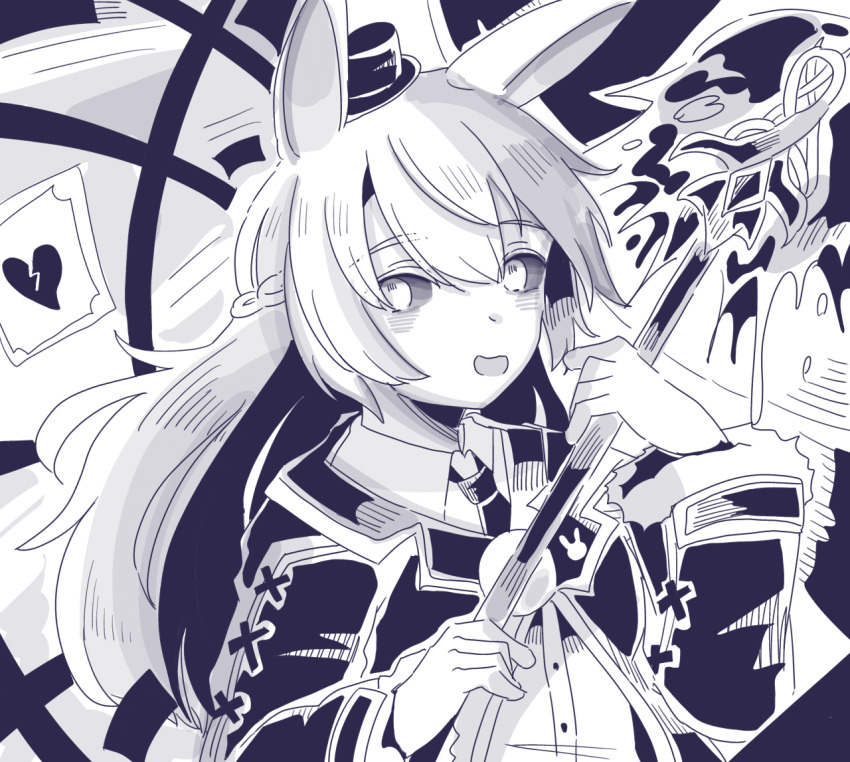 1girl animal_ears black_sclera blush_stickers braid buttons coat colored_sclera grimms_echoes holding holding_staff holding_weapon long_hair long_sleeves necktie open_mouth rabbit_ears smile solo source_request staff user_sjtw2272 void_white_rabbit_(grimms_echoes) weapon