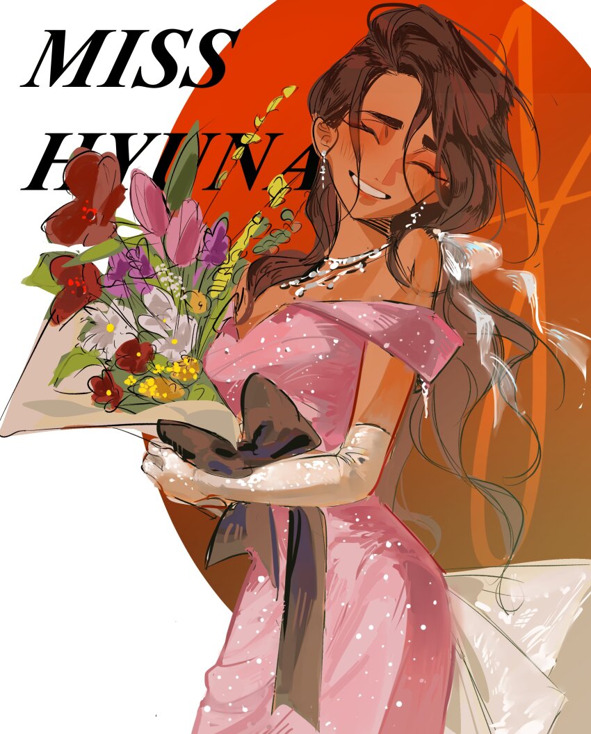 1girl absurdres alien_stage alternate_costume black_bow bouquet bow brown_hair character_name closed_eyes commentary cowboy_shot dark-skinned_female dark_skin dress earrings elbow_gloves english_commentary flower gloves highres holding holding_bouquet hyuna_(alien_stage) jewelry long_hair necklace off-shoulder_dress off_shoulder pink_dress pink_flower purple_flower red_flower smile solo sucipto_de_goya very_long_hair white_flower white_gloves yellow_flower