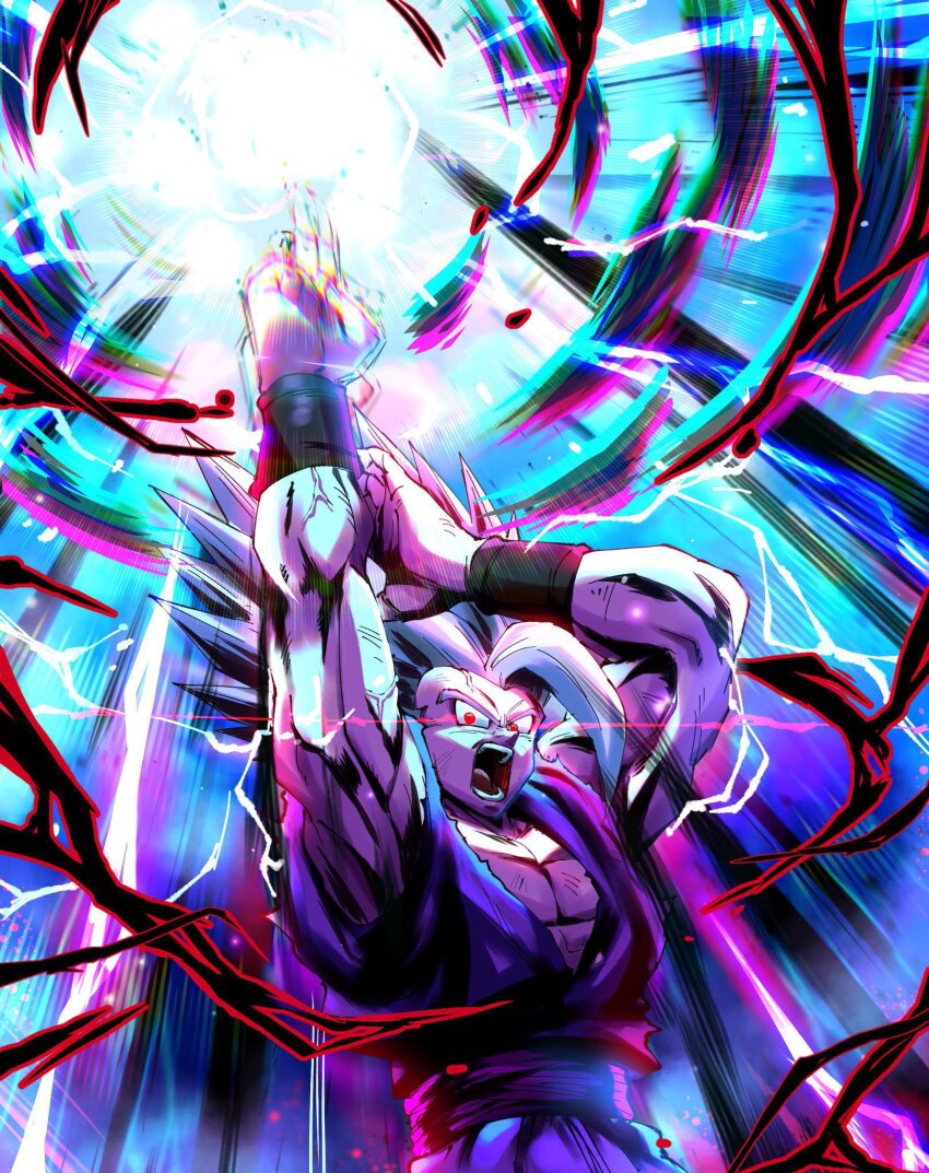 dougi dragon_ball dragon_ball_super dragon_ball_super_super_hero gohan_beast highres holding_own_arm long_hair makankousappou muscular muscular_male pants powering_up purple_pants purple_shirt red_eyes red_sash rz28kp sash shirt son_gohan spiked_hair veins white_hair