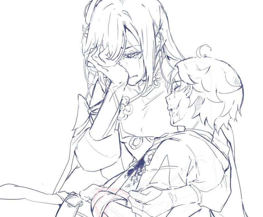 1boy 1girl ahoge aunt_and_nephew blood blood_from_mouth blood_on_clothes blood_on_face bracelet chinese_clothes chinese_knot chongyun_(genshin_impact) closed_eyes clothing_cutout crying crying_with_eyes_open cuts eyelashes facing_another genshin_impact greyscale hair_over_one_eye hand_on_own_face hand_on_own_stomach highres hooded_shirt injury jewelry long_hair long_sleeves looking_down monochrome pursed_lips seraharuko shenhe_(genshin_impact) shoulder_cutout sketch tears unconscious white_background