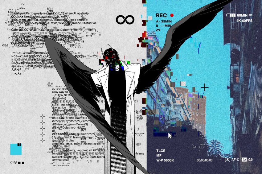 1boy arms_behind_back ben-day_dots benkdjjituibot black_hair black_shirt black_wings censored coat cowboy_shot demon_horns distortion fake_photograph feathered_wings glitch glitch_censor highres horns infinity_symbol kim_dokja male_focus omniscient_reader&#039;s_viewpoint partially_shaded_face programming recording screentones shirt short_hair solo split_screen white_coat wings