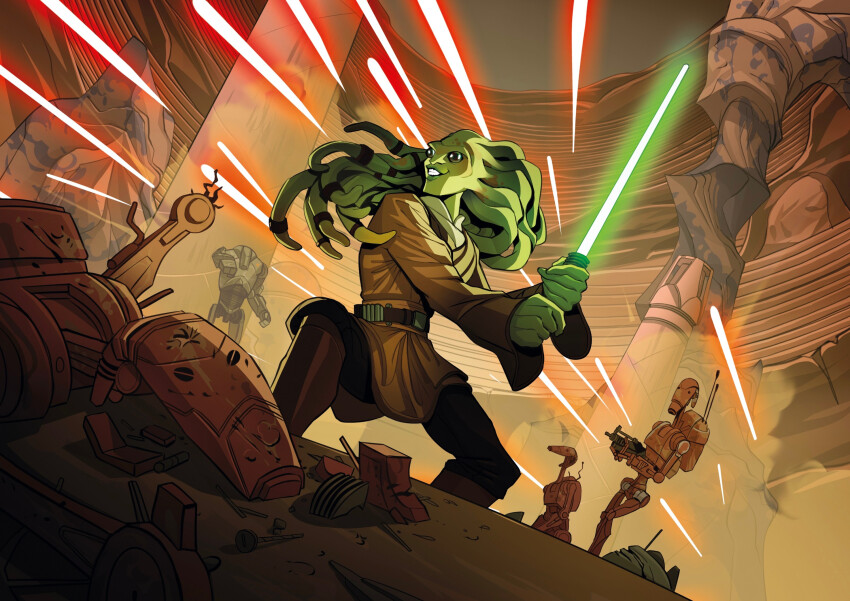 5boys aitor_prieto alien b1_battle_droid b2_battle_droid belt brown_pants brown_tunic colored_skin energy_sword green_lightsaber green_skin grin highres holding holding_sword holding_weapon jedi kit_fisto laser lightsaber multiple_boys nautolan pants robot smile standing star_wars star_wars:_unlimited sword tentacle_hair tunic weapon