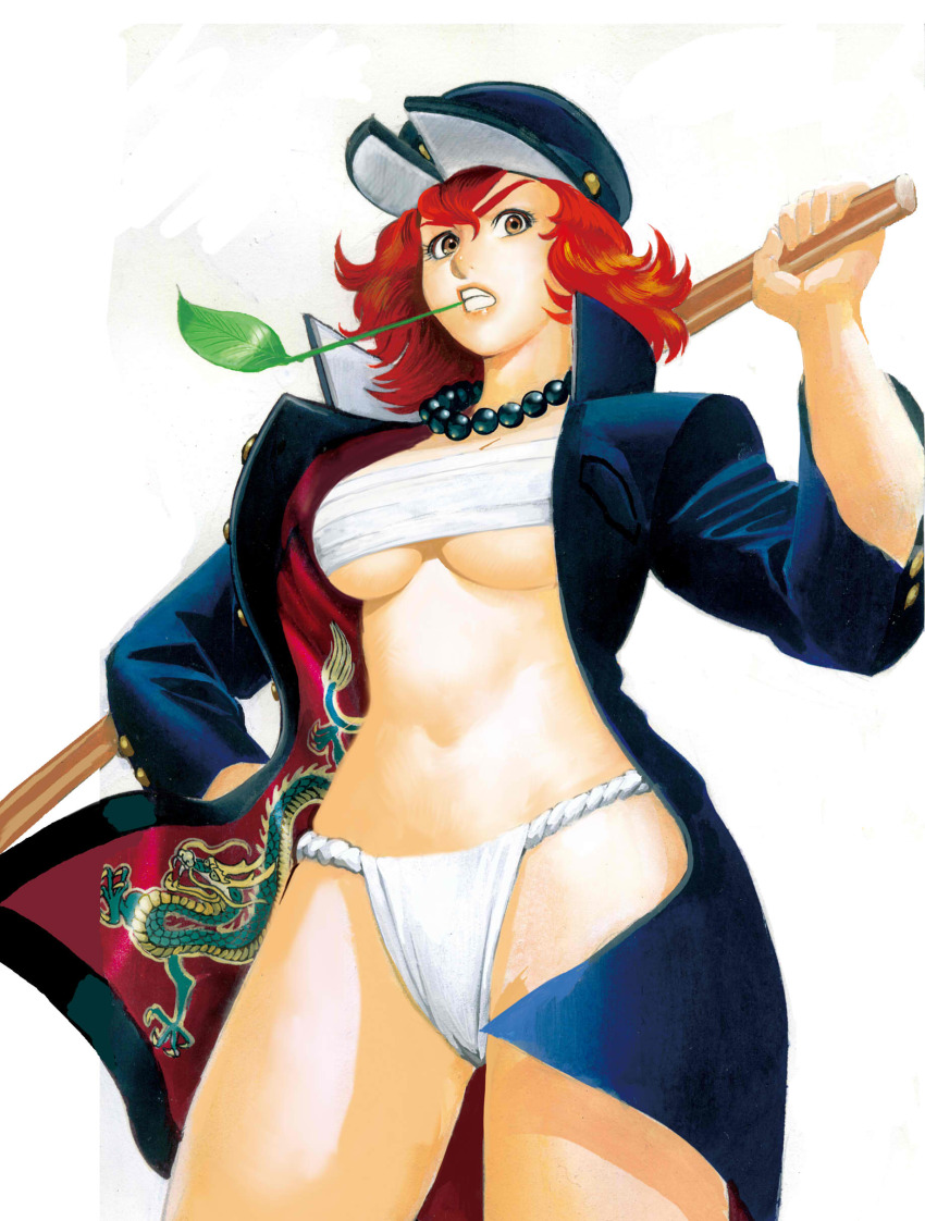 absurdres banchou bead_necklace beads black_hat bokken breasts brown_eyes chest_sarashi delinquent dragon_print eyelashes fundoshi hat highres japanese_clothes jewelry large_breasts misogram mouth_hold necklace open_clothes original red_hair sarashi simple_background sukeban sword underboob weapon white_background wooden_sword