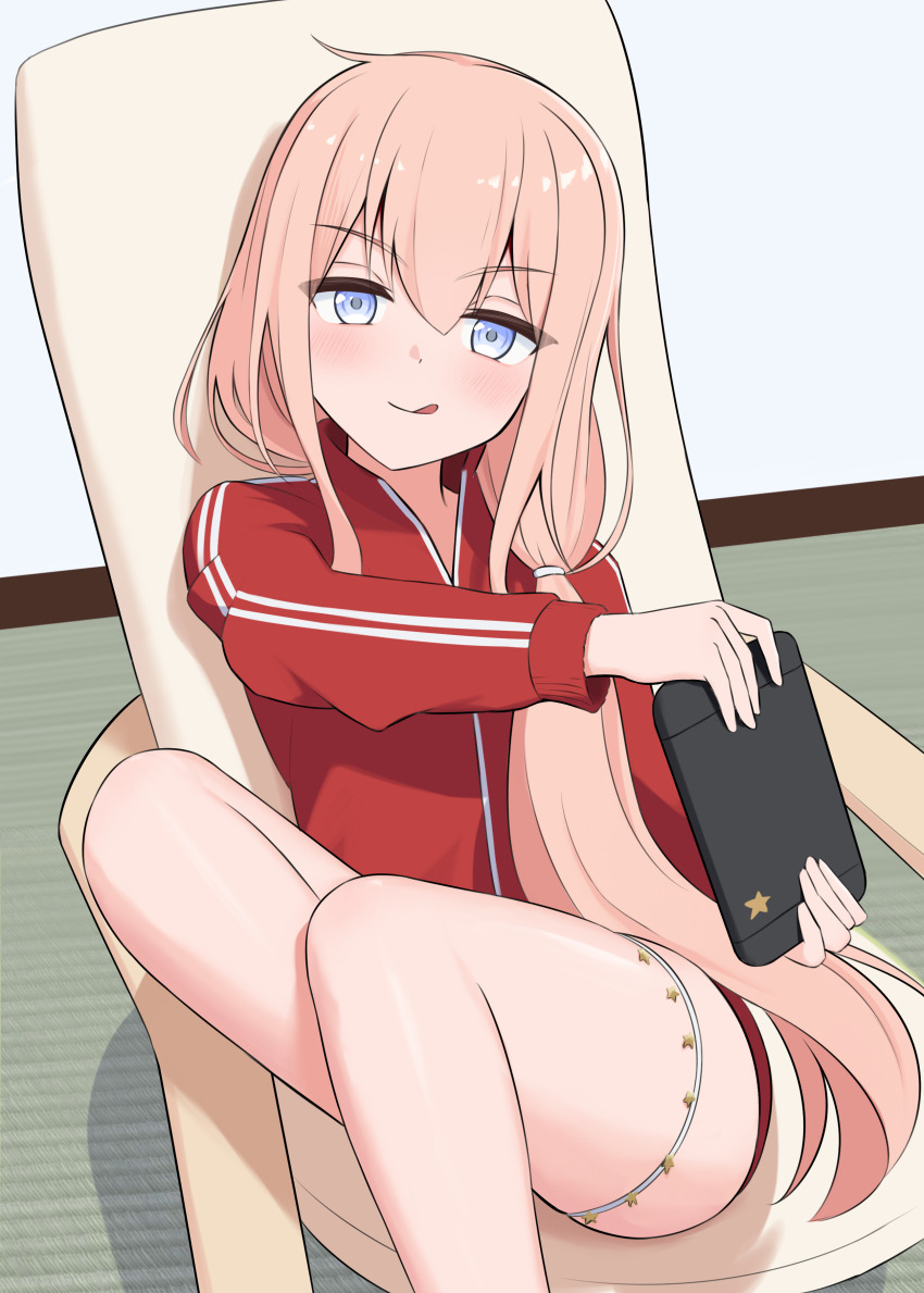 1girl absurdres alternate_costume alternate_hairstyle chair commentary_request drum_(kancolle) feet_out_of_frame grey_eyes handheld_game_console highres holding holding_handheld_game_console jacket kantai_collection l_meet long_hair looking_at_viewer nintendo_switch pink_hair red_jacket sitting solo tongue tongue_out track_jacket