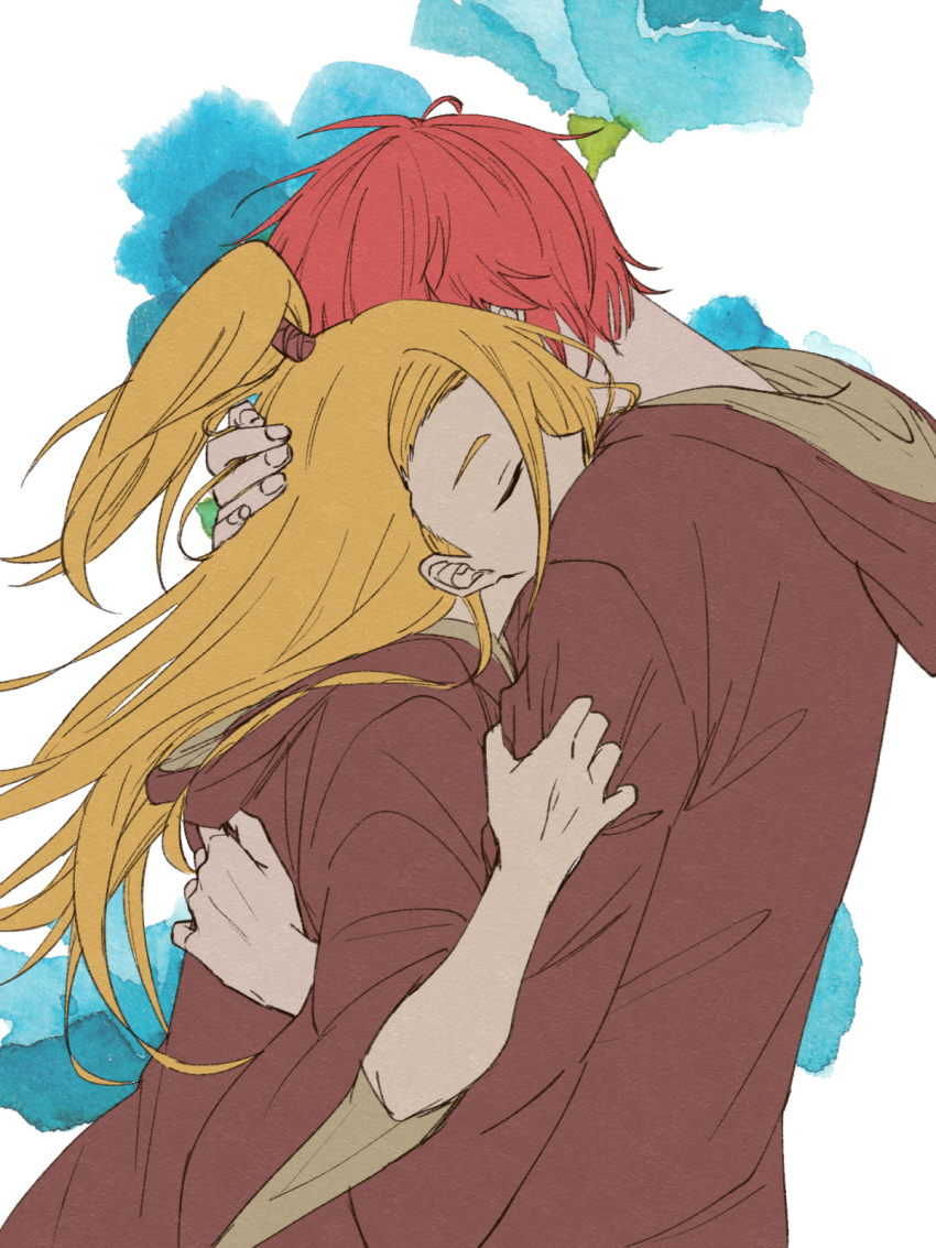 2boys blonde_hair brown_robe couple deidara_(naruto) edo_tensei floral_background hand_on_another&#039;s_head hayamin35 high_ponytail highres hug long_hair male_focus multiple_boys naruto_(series) naruto_shippuuden ponytail red_hair robe sasori_(naruto) short_hair simple_background watercolor_background yaoi