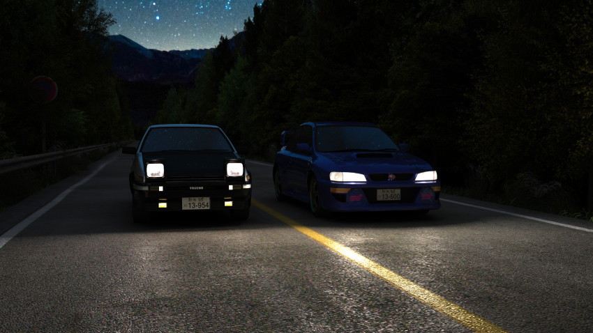 3d ae86 battle car forest highres initial_d lights moon motor_vehicle mountain nature night night_sky no_humans outdoors pacochan road road_sign sign sky star_(sky) starry_sky subaru_(brand) subaru_impreza toyota toyota_sprinter_trueno tree vehicle_focus
