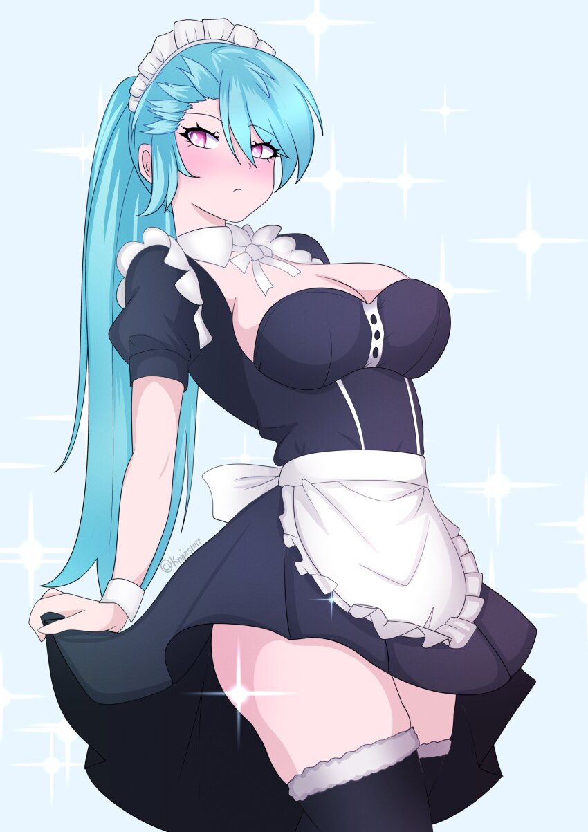 1girl absurdres akeno(itsnafulol) apron ass blue_hair blush breasts cleavage cleavage_cutout clothes_lift clothing_cutout hair_between_eyes hair_ornament hair_over_one_eye highres huge_ass huge_breasts japanese_(nationality) krejzart long_hair maid maid_apron maid_headdress pink_eyes ponytail short_sleeves skirt skirt_lift thick_thighs thighhighs thighs wide_hips