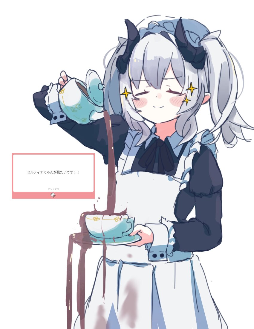 &gt;:) 1girl :&lt; absurdres alternate_costume animal_ears animal_hat apron arm_up artist_name bag bag_charm beanie beret black_bag black_dress black_necktie black_ribbon black_shirt black_skirt blue_eyes blush blush_stickers brown_hair brown_shirt brown_sweater_vest cat_hat charm_(object) closed_eyes closed_mouth collared_dress collared_shirt cowboy_shot cup curled_horns demon_girl demon_horns disposable_cup doyagao dress drink drinking_straw english_text enmaided expressionless facing_viewer failure fish fish_(food) fish_hair_ornament food frilled_apron frills frown green_shirt green_sweater green_vest grey_hair hair_between_eyes hair_bun hair_intakes hair_ornament hair_ribbon hairclip hand_up handbag hat highres holding holding_cup holding_plate holding_saucer holding_strap holding_teapot holding_tray horns juliet_sleeves long_hair long_sleeves looking_at_viewer maid maid_apron maid_headdress milltina_(vrchat) miniskirt mob_cap neck_ribbon necktie nono_datenshia one_side_up plate pleated_skirt pouring pouring_onto_self puffy_long_sleeves puffy_sleeves raccoon_ears raccoon_girl raccoon_tail ribbon sample_watermark saucer school_uniform shirt shoulder_bag sidelocks simple_background single_side_bun sketch skirt sleeves_past_wrists smile smug solo sparkle spilling stained_clothes standing sweater sweater_vest tail tea teacup teapot tray twintails u_u upper_body v-shaped_eyebrows very_long_hair vest vrchat watermark wavy_hair white_apron white_background white_hair white_shirt wrist_cuffs yellow_sweater you&#039;re_doing_it_wrong