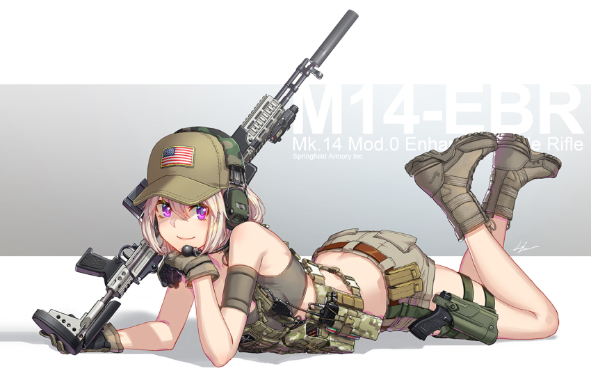 1girl american_flag arm_support artist_name battle_rifle belt boots buckle butt_crack camouflage combat_boots commentary_request crossdraw_holster female_focus glock gloves grey_background gun handgun hat headset holster kws load_bearing_vest looking_at_viewer m14 magazine_(weapon) midriff military military_uniform mk_14_ebr original partial_commentary pistol purple_eyes radio rifle shadow shorts signature silver_hair snap-fit_buckle solo suppressor text_background thigh_holster two-tone_background weapon weapon_name white_background woodland_camouflage