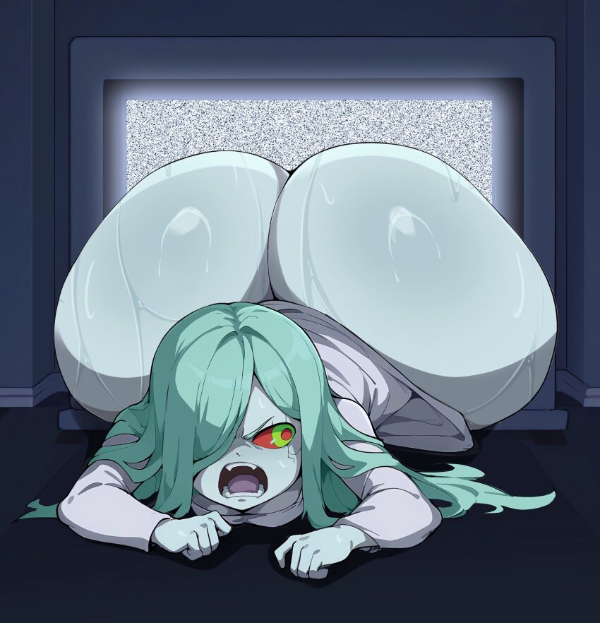 1girl ai-assisted angry ass bottomless colored_sclera colored_skin cyberpunk_(series) cyberpunk_edgerunners green_eyes green_hair hair_over_one_eye highres huge_ass inconvenient_ass long_hair long_sleeves looking_back monkechrome open_mouth pale_skin rebecca_(cyberpunk) red_sclera shiny_skin solo stuck sweat television the_ring wet white_skin yamamura_sadako