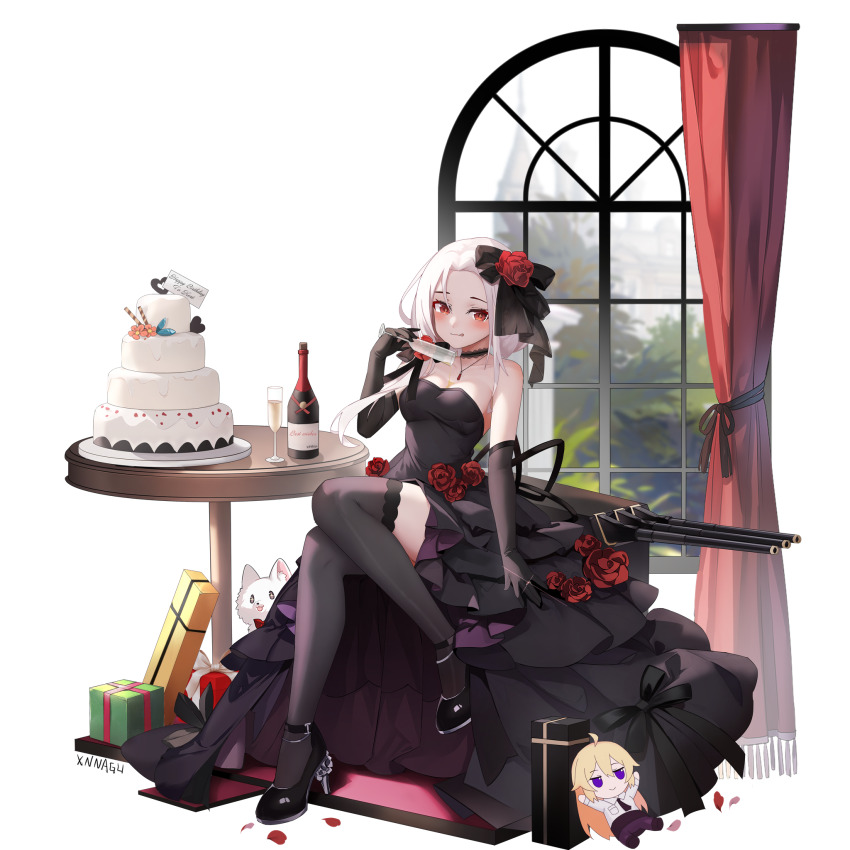 1girl ankle-strap_heels black_choker black_dress black_gloves black_thighhighs breasts bust_cup cake champagne_flute choker cleavage cup dress drinking_glass elbow_gloves food forehead gloves high_heels highres holding holding_cup jewelry long_hair looking_at_viewer medium_breasts necklace pouring pouring_onto_self red_eyes sitting smile strapless strapless_dress thighhighs vittorio_veneto_(warship_girls_r) warship_girls_r white_hair xnnagu