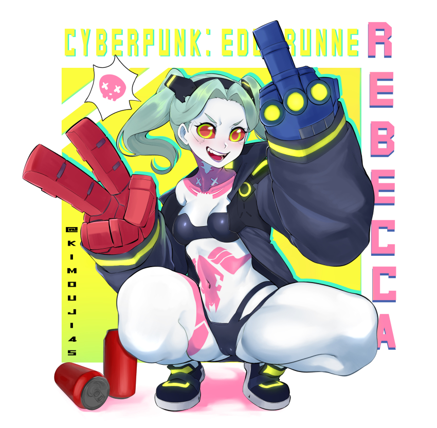 1girl absurdres black_bra black_jacket black_panties black_shoes blush bra breasts can character_name colored_sclera colored_skin commentary copyright_name curvy cyberpunk_(series) cyberpunk_edgerunners drink_can fewer_digits full_body green_hair highres jacket kimouji leg_tattoo looking_at_viewer mechanical_hands neck_tattoo open_clothes open_jacket open_mouth panties rebecca_(cyberpunk) red_eyes red_sclera samurai_jacket_(cyberpunk) shoes short_hair small_breasts smile sneakers soda_can solo spoken_skull squatting stomach_tattoo strapless strapless_bra tattoo teeth thong twintails underwear v-shaped_eyebrows white_background white_skin wide_hips yellow_background