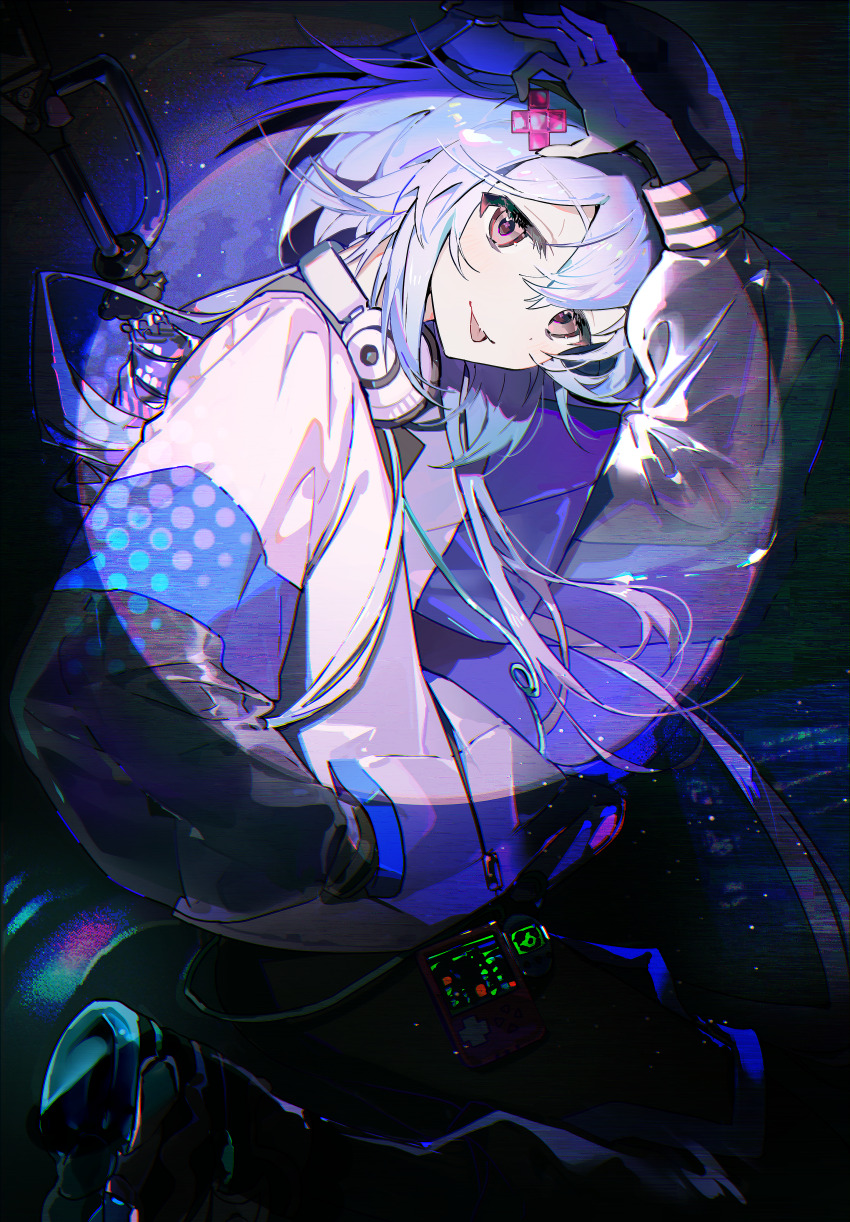 1boy :p absurdres arknights blue_hair closed_mouth commentary headphones headphones_around_neck highres male_focus mizuki_(a_player_forever)_(arknights) mizuki_(arknights) official_alternate_costume pink_eyes short_hair short_hair_with_long_locks solo tongue tongue_out xing_(gloryxing)